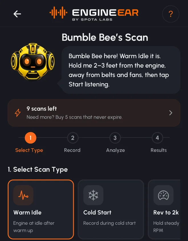 Scan screen titled Bumble Bee's Scan, with the companion giving recording instructions