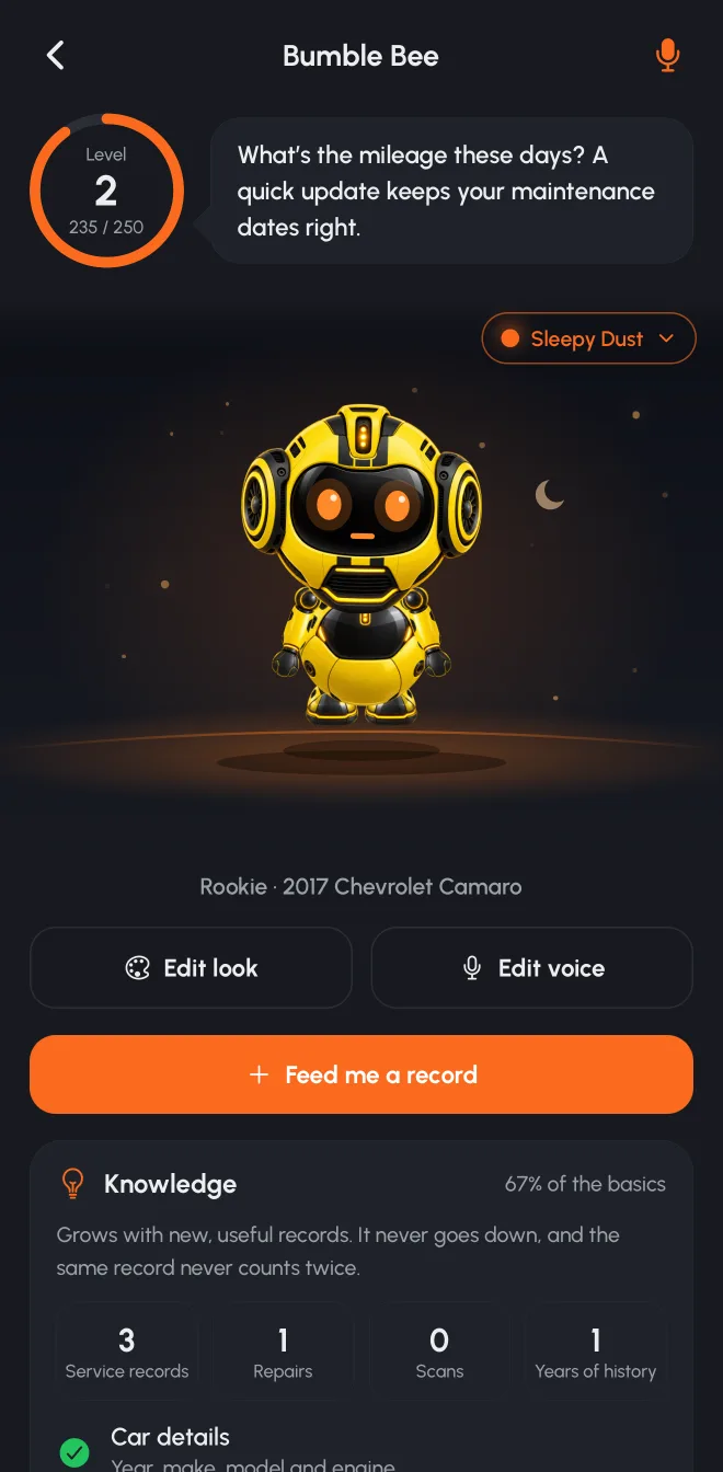 A yellow robot companion named Bumble Bee standing on a stage, with its level and a speech bubble