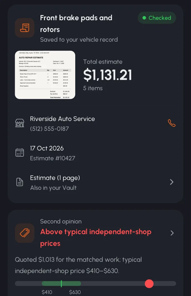A checked brake estimate showing a $1,131.21 total, shop details and a second-opinion summary