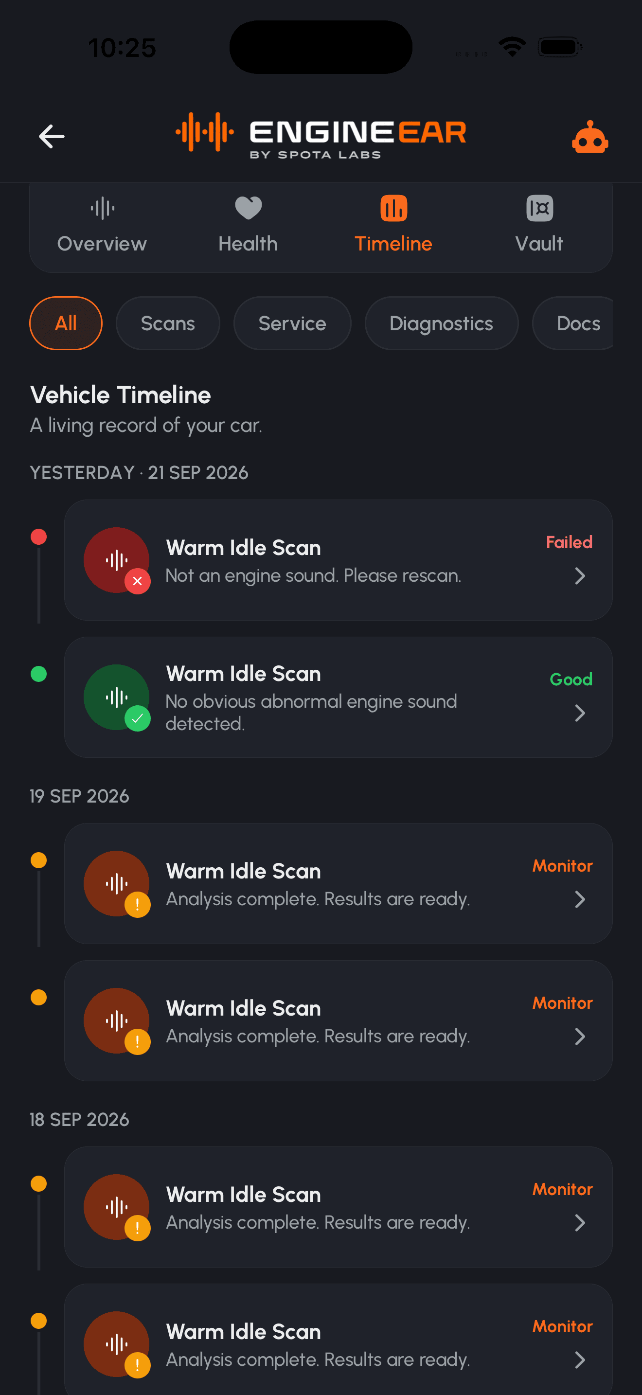 EngineEar Scan History screen