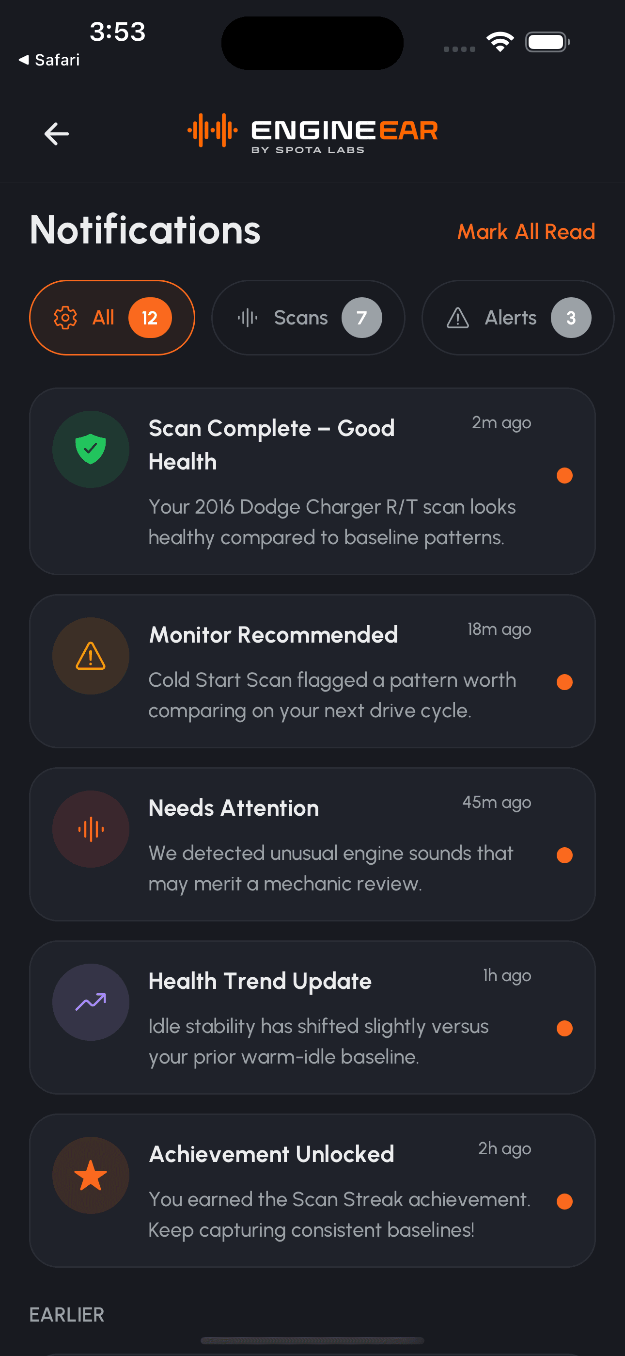EngineEar Insights screen