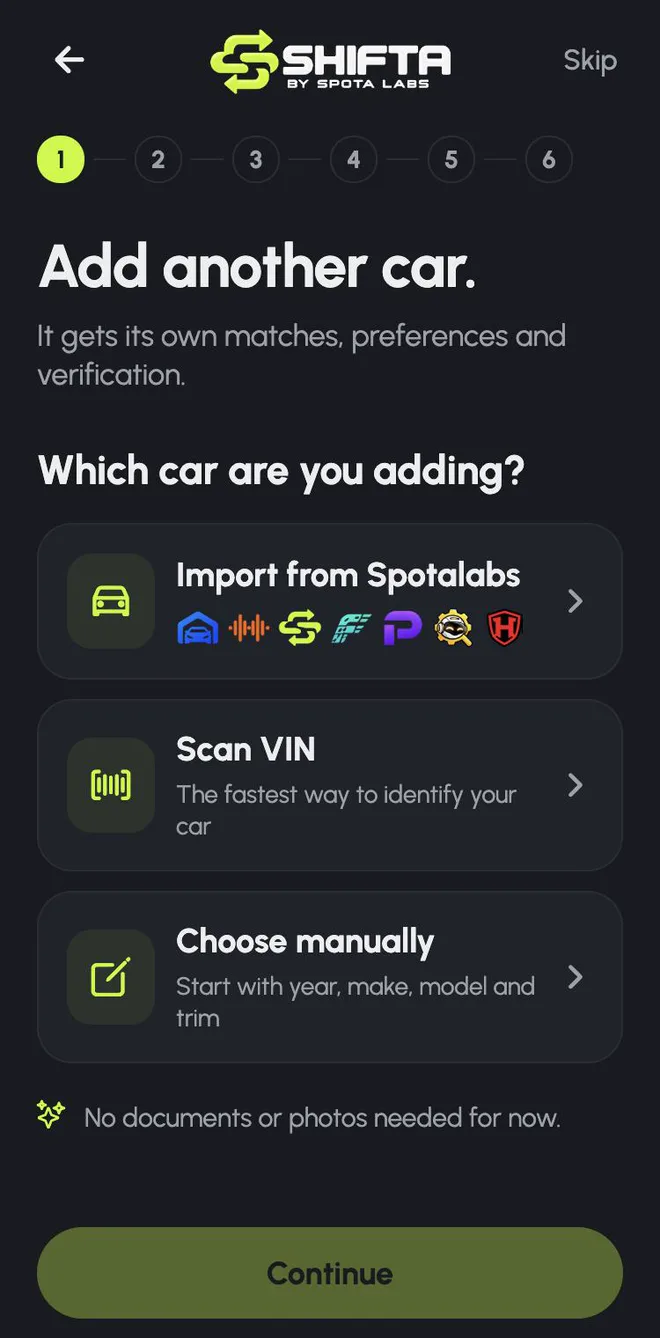 Add another car screen with Scan VIN and Choose manually options