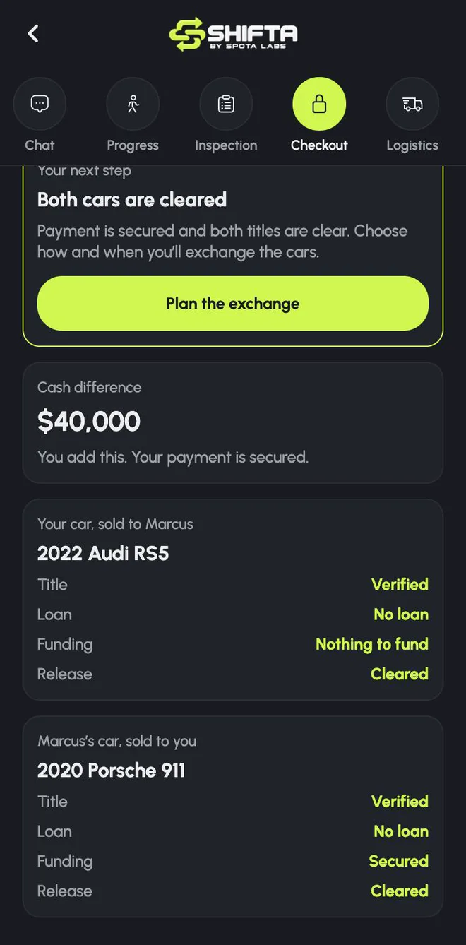 Checkout showing title, loan, funding and release status for both cars