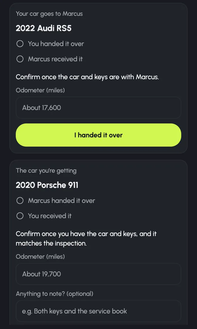 Handoff confirmation for both cars with odometer readings