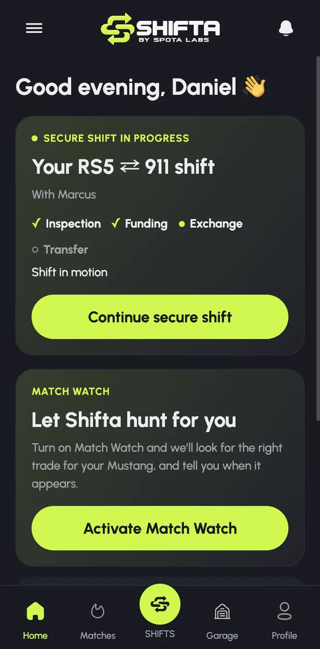 Shifta home screen showing an RS5 to 911 Secure Shift in progress