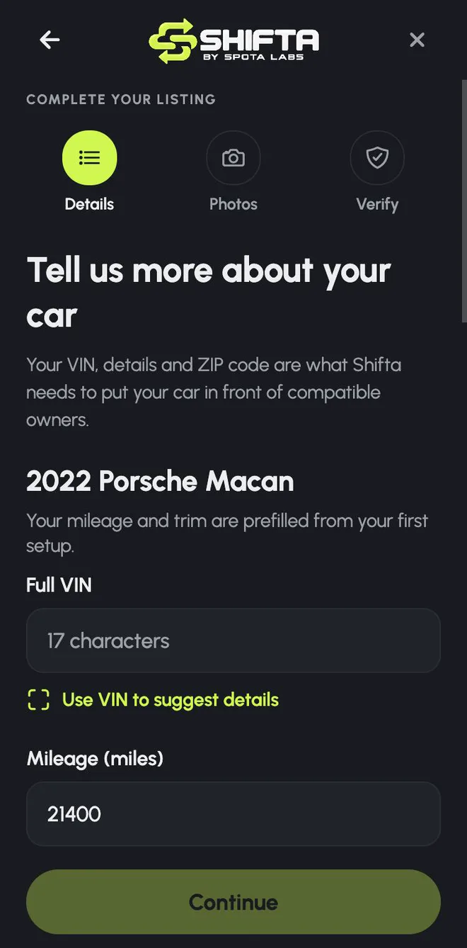 Listing details screen asking for the VIN and mileage