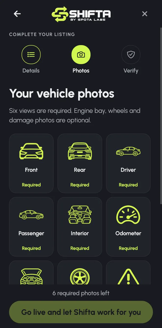Listing photos screen with six required views
