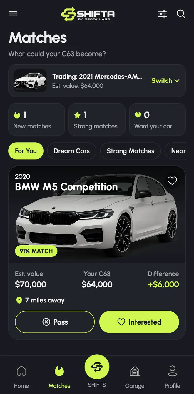 A Shifta match card for a BMW M5 with a 91% match and a $6,000 difference