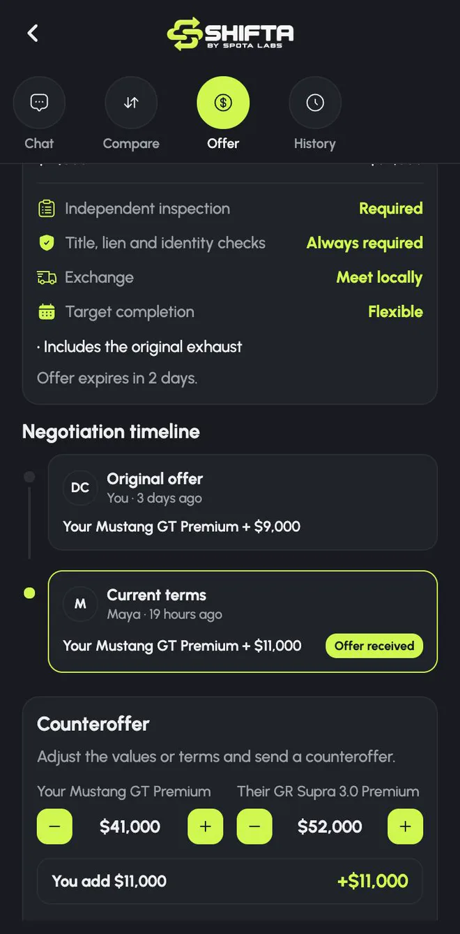 Negotiation timeline and counteroffer controls