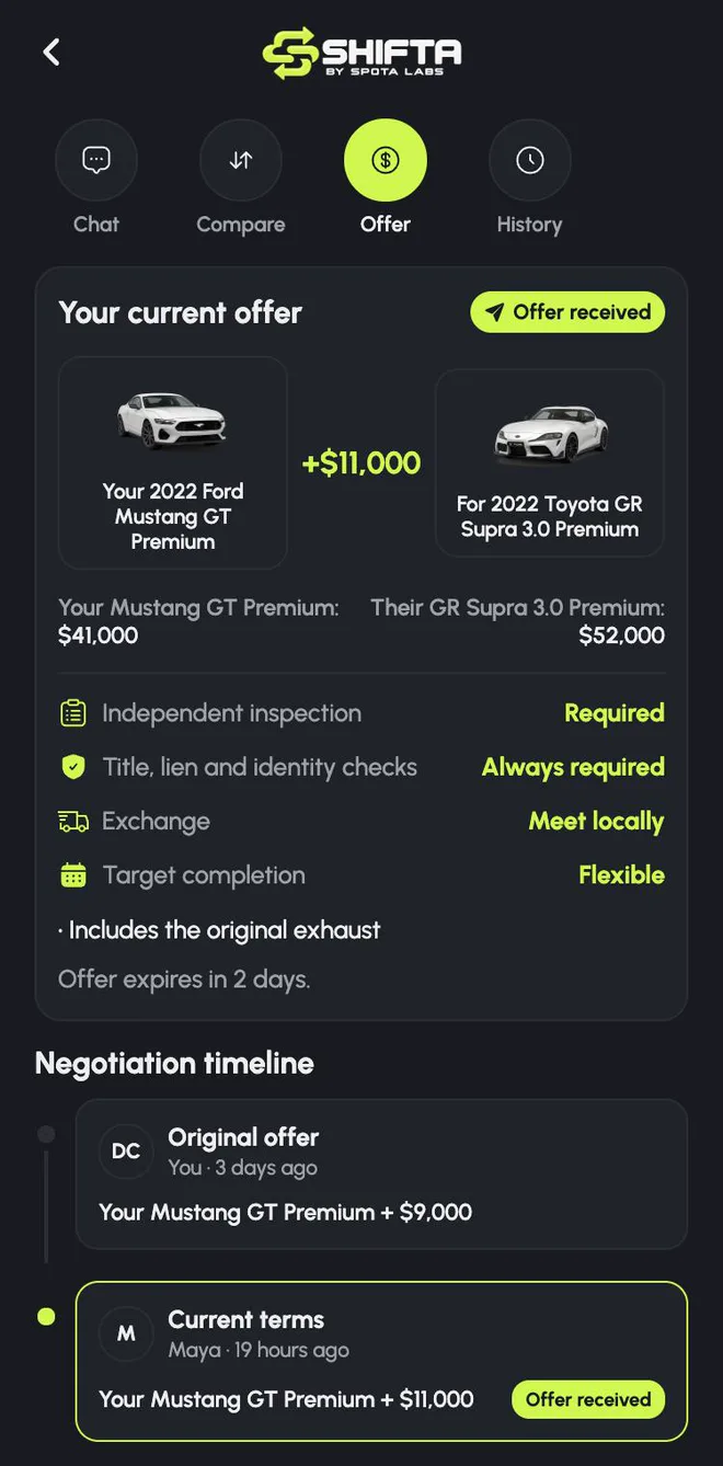An offer of a Mustang plus $11,000 for a GR Supra with terms