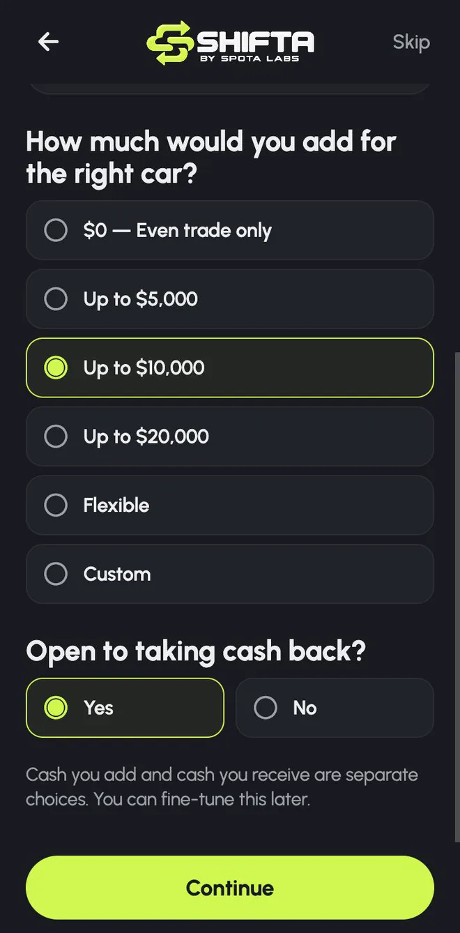 Shifta cash difference options from even trade to flexible