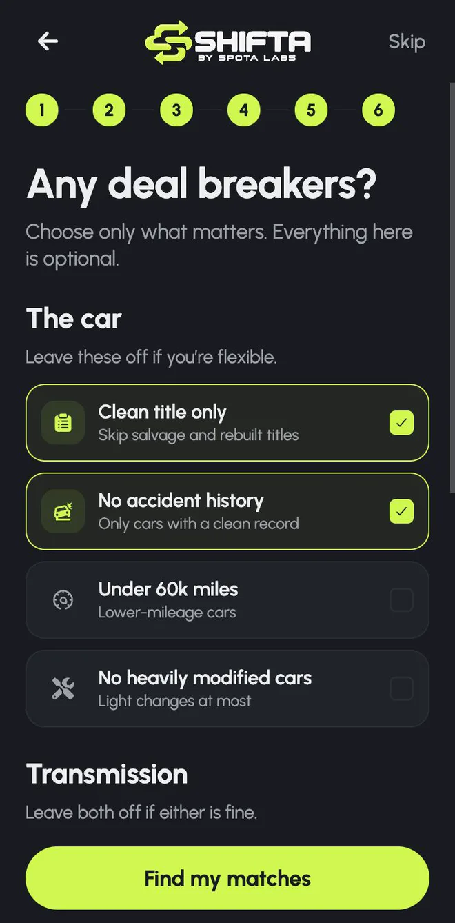 Deal breakers including clean title only and no accident history