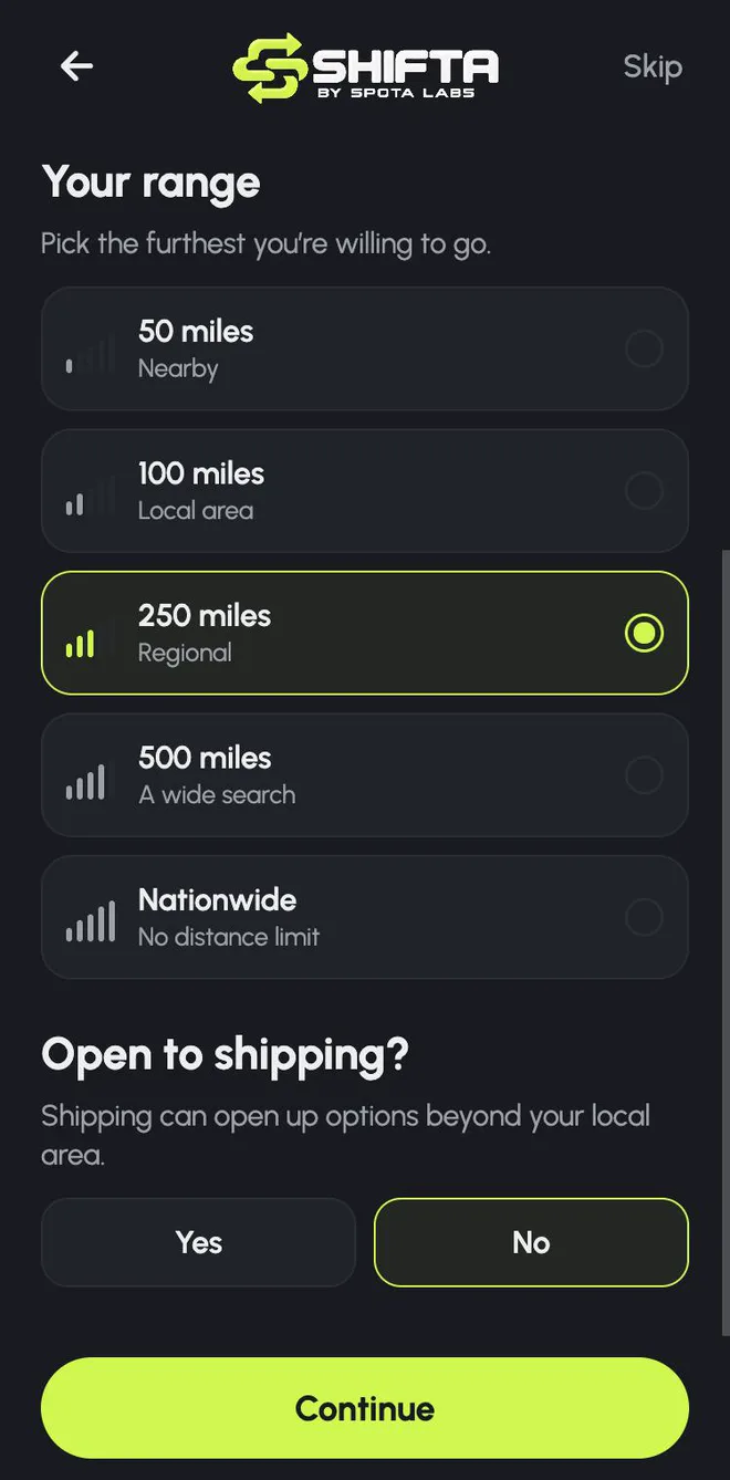 Distance options from 50 miles to nationwide with shipping