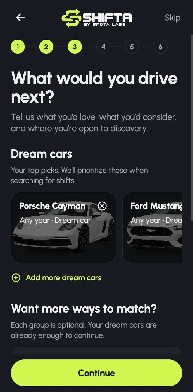 Shifta dream car picker with a Porsche Cayman and Ford Mustang
