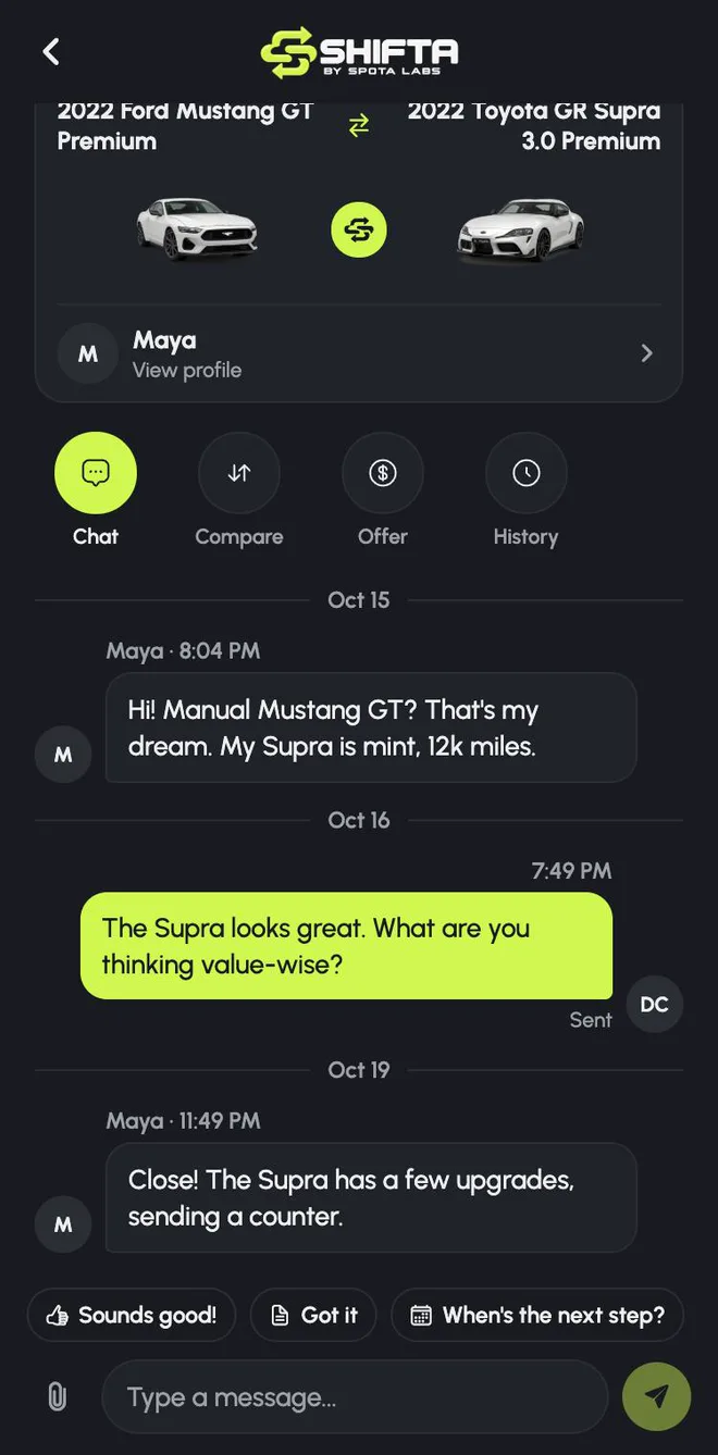 Shift Room chat between two owners about a Mustang and a GR Supra