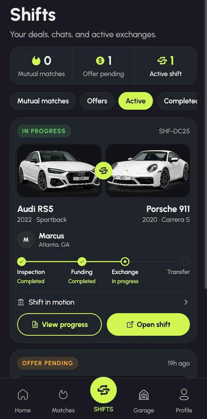 Shifts tab with an active Audi RS5 to Porsche 911 shift