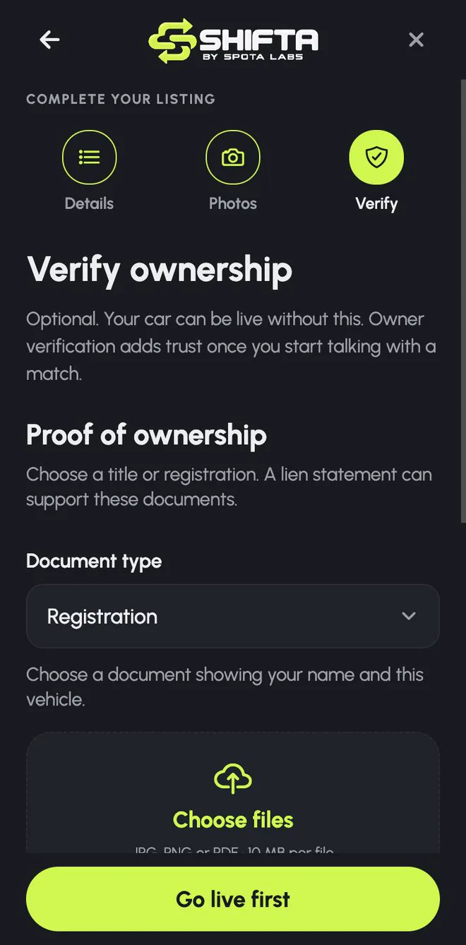 Verify ownership screen with document type and file upload