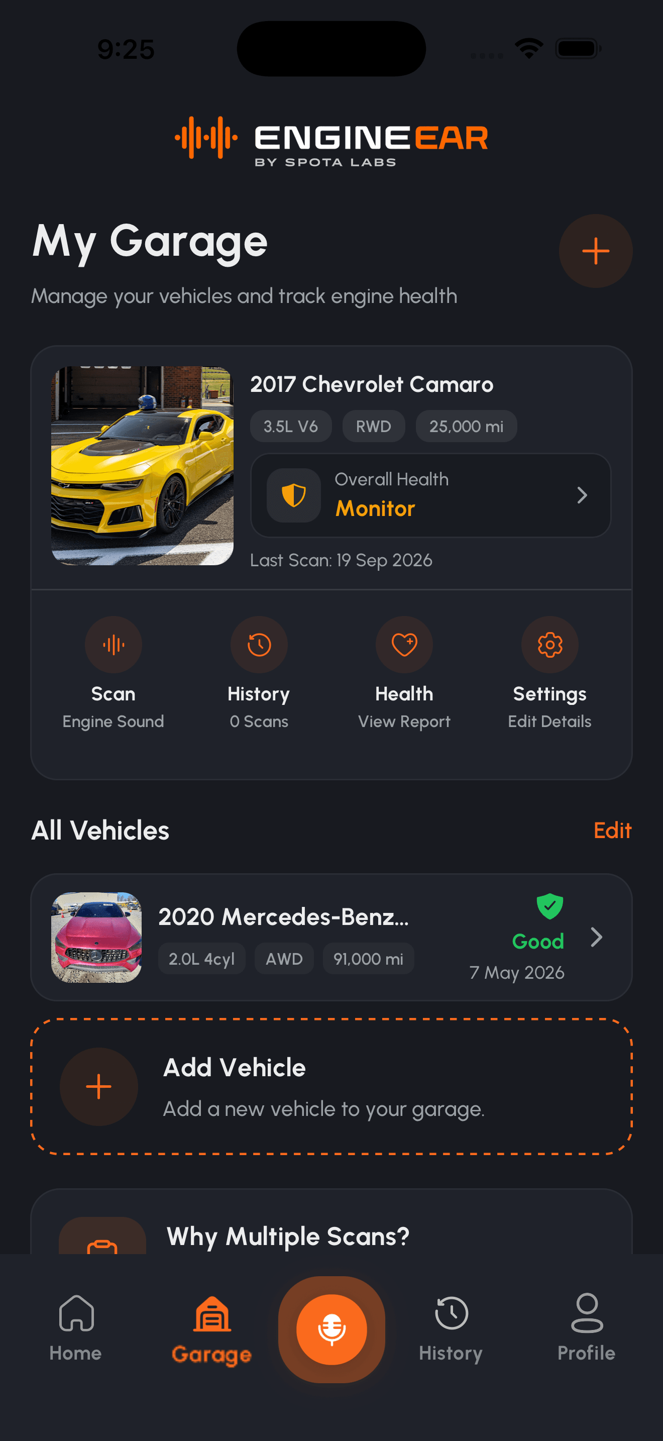 EngineEar garage with vehicle health status