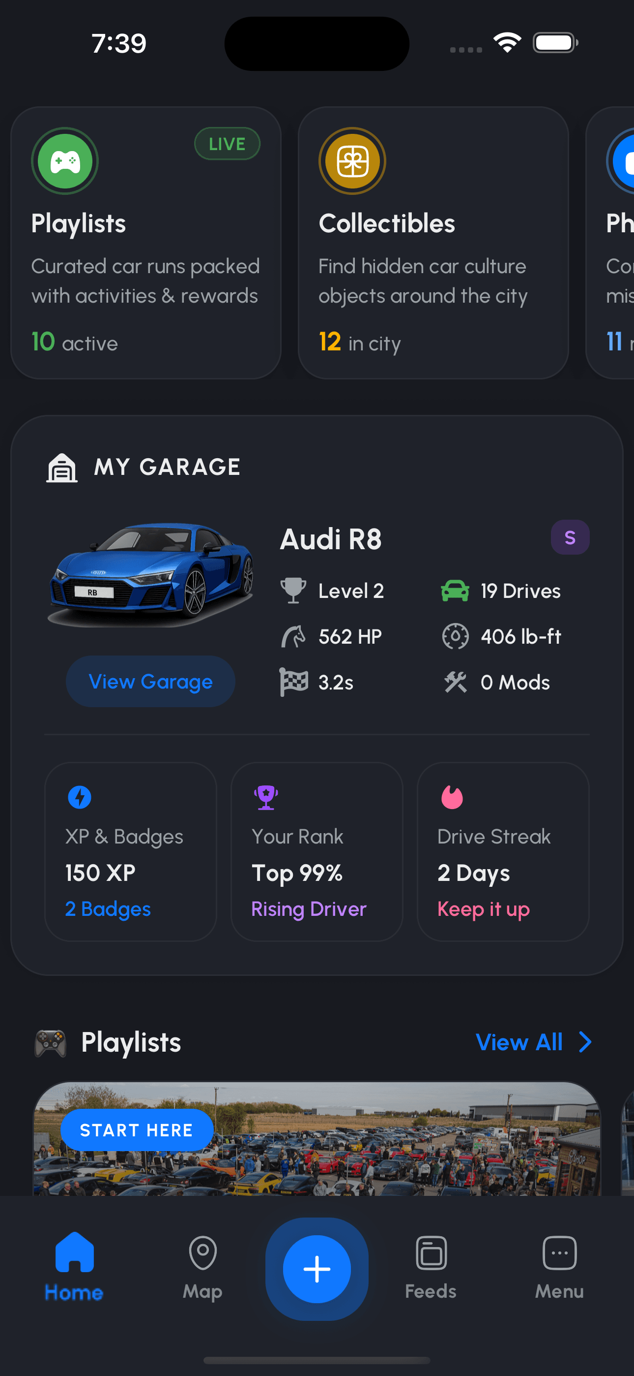 Spota garage with car stats and XP
